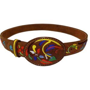Mexican Brown Leather Belt With Colorful Floral Embroidery & Oval Buckle 36"